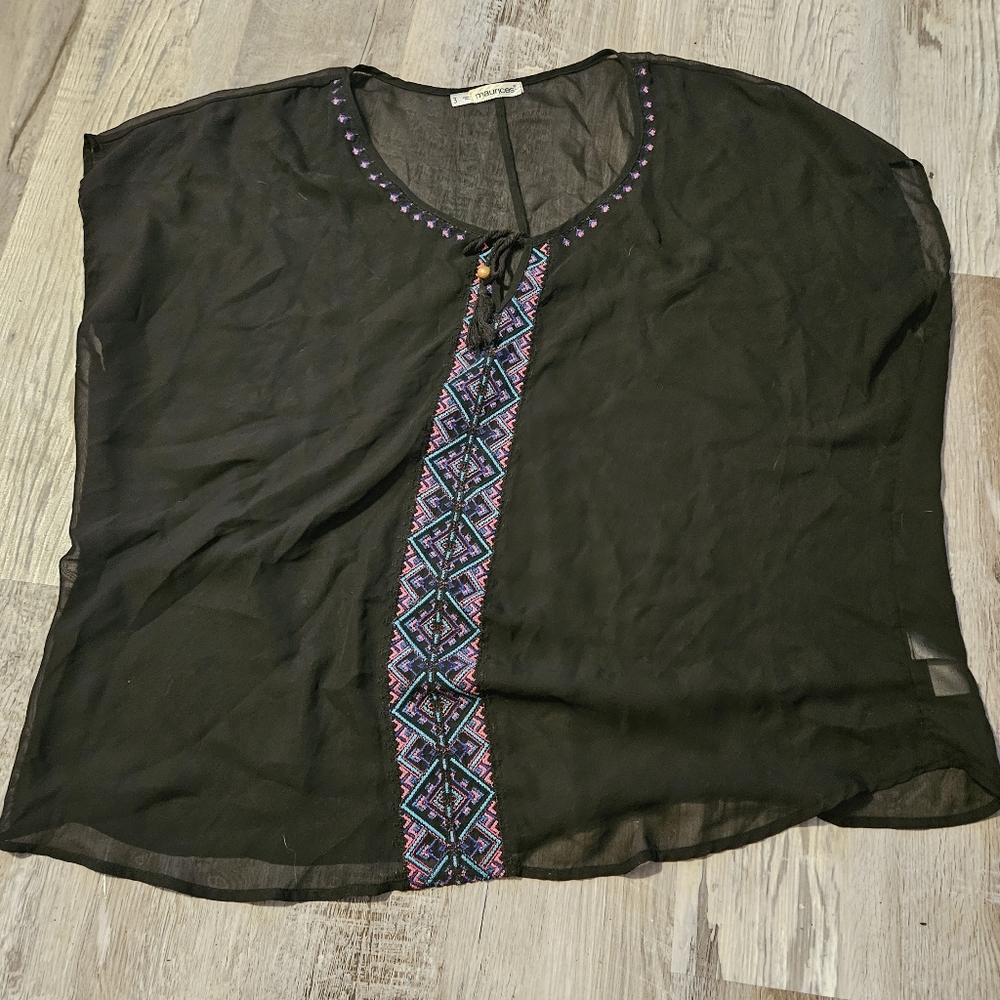 Black sheer blouse w/pink colorful embroidery accents size plus 3
